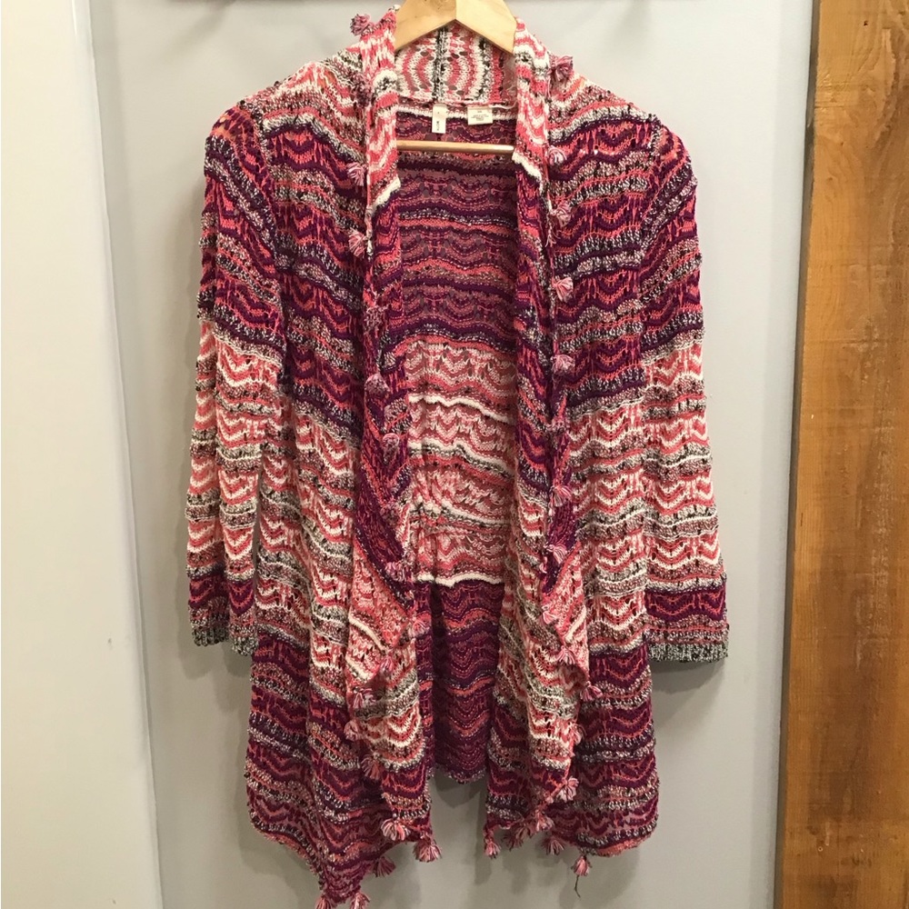 Moth Womens Crochet Cardigan Open Front Sweater Size M Fringe Stripes Poms Boho - Picture 7 of 15